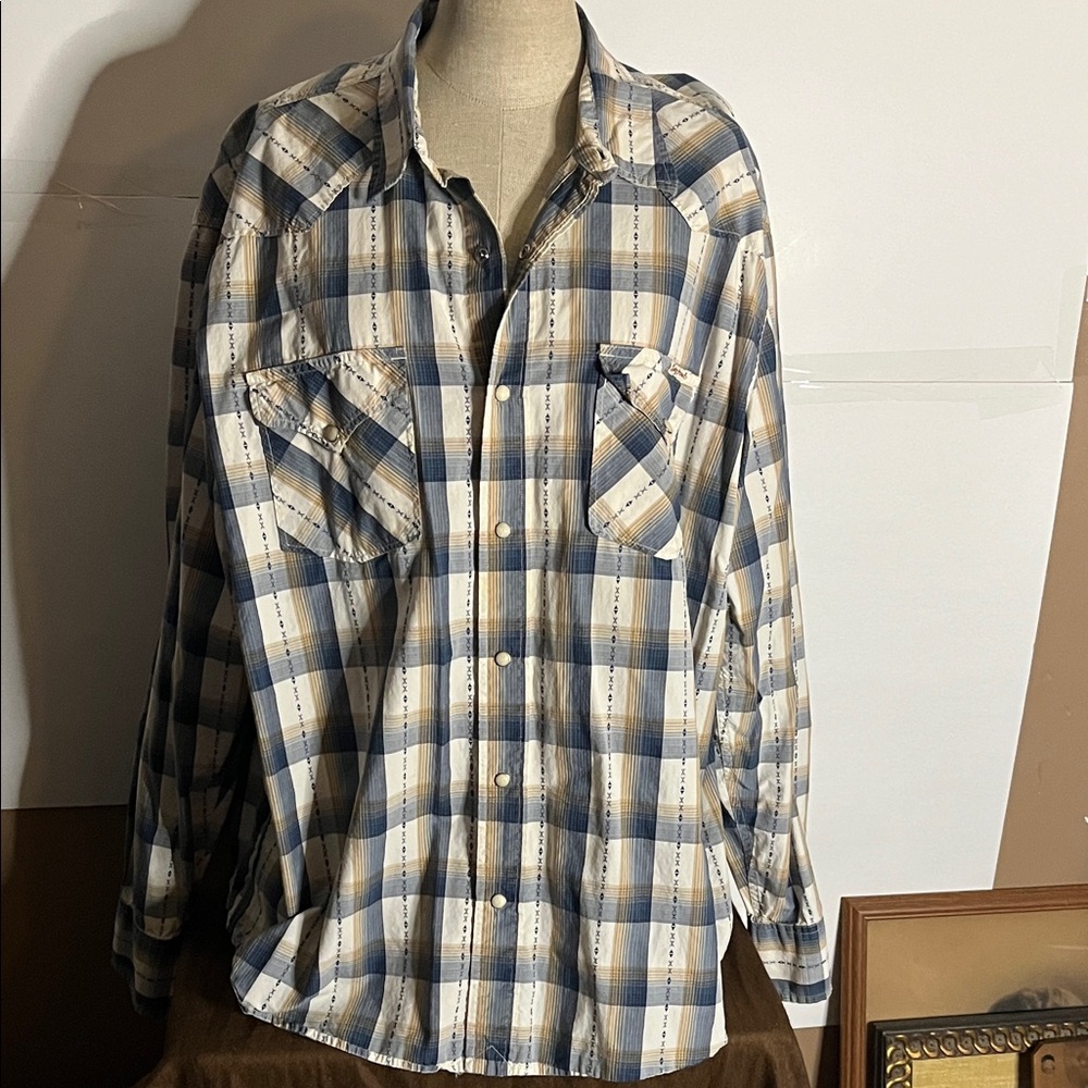 😄100% cotton vintage western snap down cowboy shirt rodeo ready dungarees USA